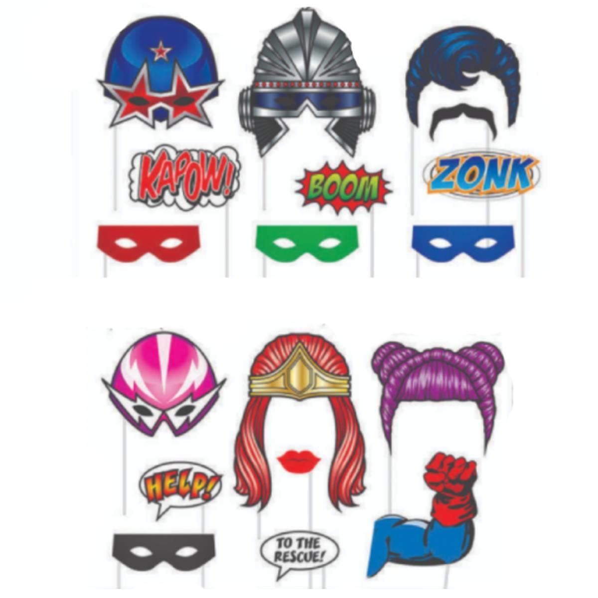 18pc colourful Superhero Photo Prop Set by Forum Novelties 78350 available here at Karnival Costumes online party shop