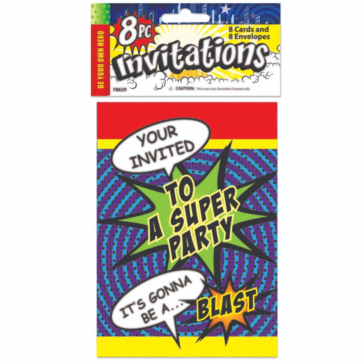 Superhero Party Invitations 8 Cards and 8 Envelopes by Forum Novelties 78629 available here at Karnival Costumes online party shop