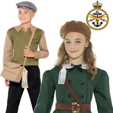 Children's WWII Evacuee fancy dress costumes for interactive learning experiences and historical parties. Great selection for boys and girls available here at Karnival Costumes online party shop