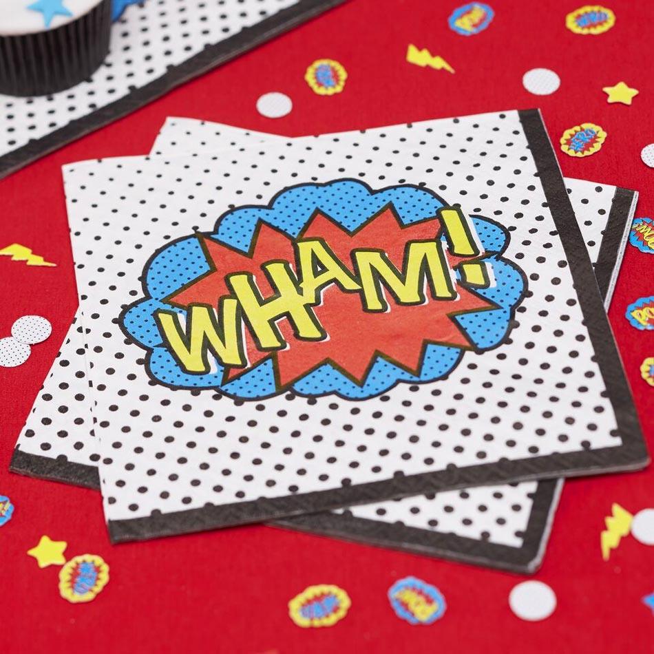 Table laid out including Comic Superhero 3ply Paper Serviettes or Napkins by Ginger Ray CS-902 available here at Karnival Costumes online party shop