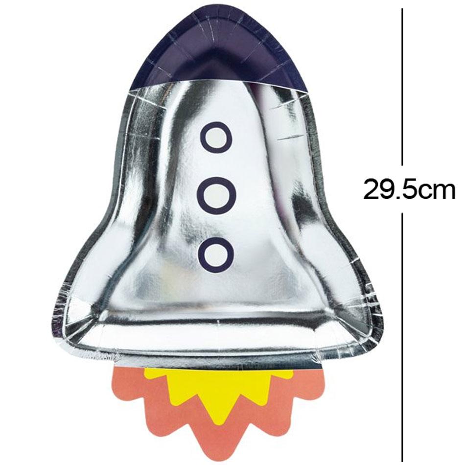 Rocket ship shaped foiled paper plates by Party Deco TPP48-SPACFPLAT available here at Karnival Costumes online party shop