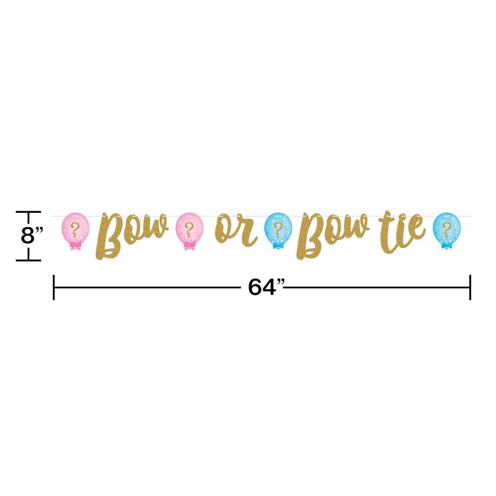Deluxe Gender Reveal Bow or Bow Tie Glitter Letter Banner 64" x 8" by Creative Converting 336682 available here at Karnival Costumes online party shop