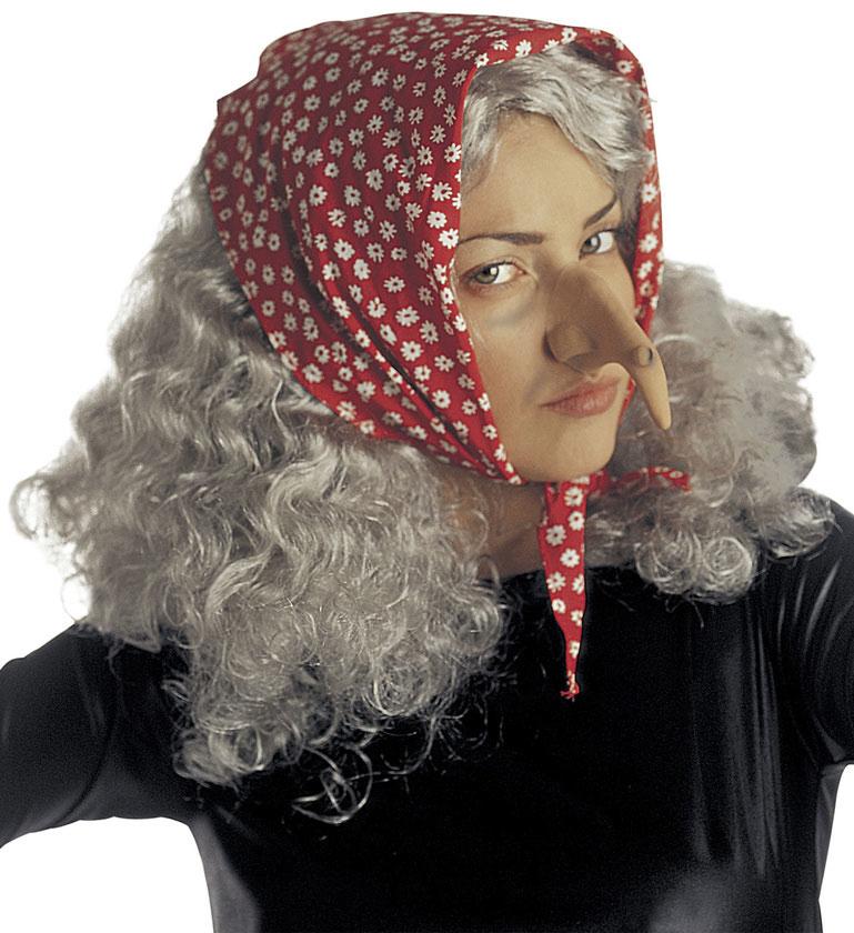 Haggered Witch Wig with Headscarf (shown with false nose - not included) by Widmann 6009B available here at Karnival Costumes online party shop