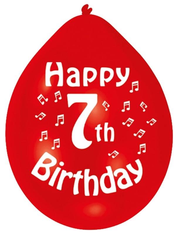 Happy 7th Birthday Balloons - Assorted Colours printed in white. From Amscan, these are in packs of 10 balloons in a 9" size and are brought to you by Karnival Costumes www.karnival-house.co.uk