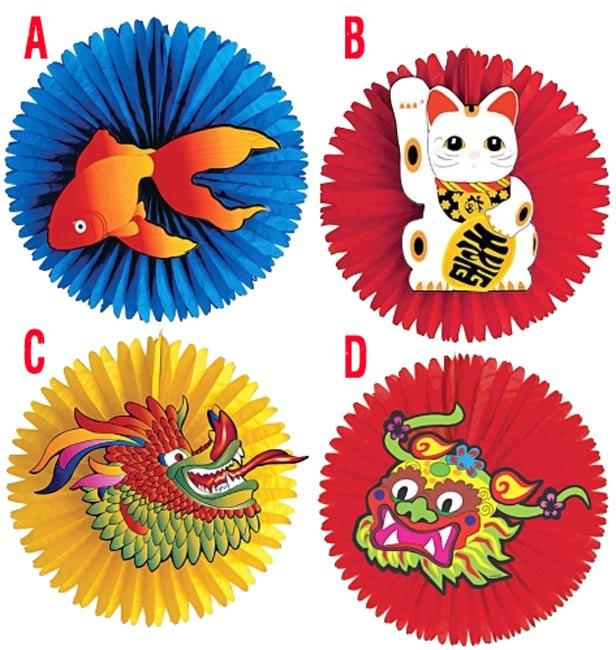 Oriental Paper Fans 55cm in solid colours and decorated with Chinese symbols; Fish, Cat and Dragon by Widmann 5067O available here at Karnival Costumes online party shop