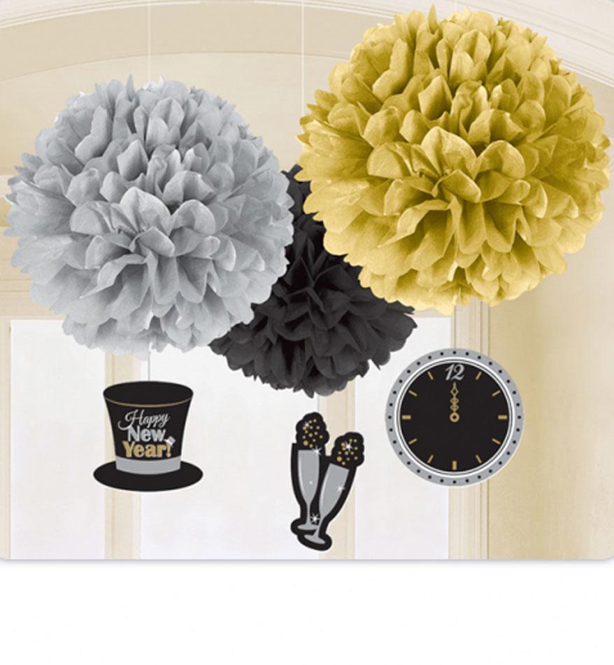 Pack of 3 New Year's Eve 40cm Pom Pom Decorations by Amscan 180030 available here at Karnival Costumes online Christmas party shop
