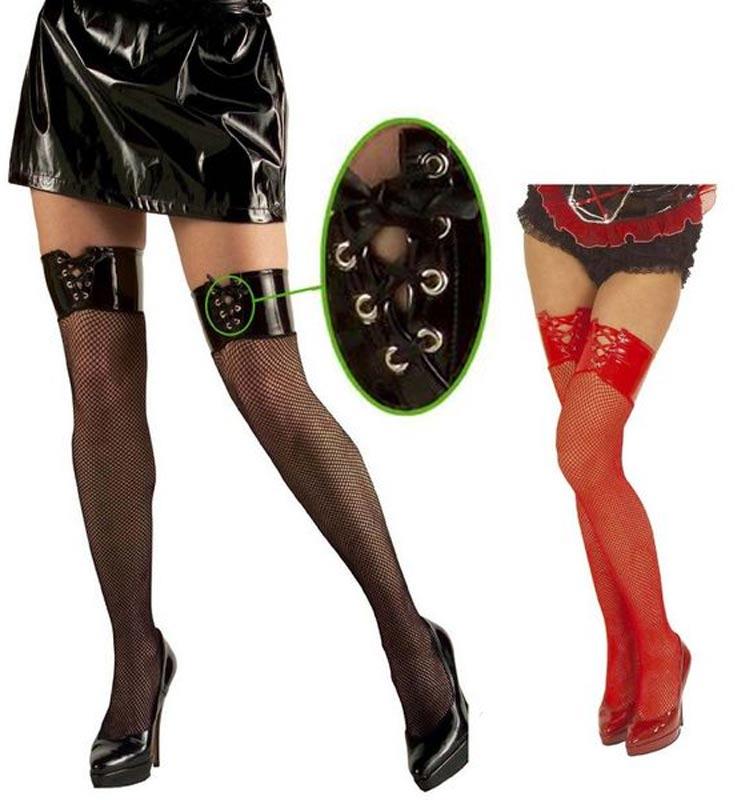 Vinyl Top Thigh High Fishnet Stockings with Laces by Widmann 4745V available here at Karnival Costumes online party shop