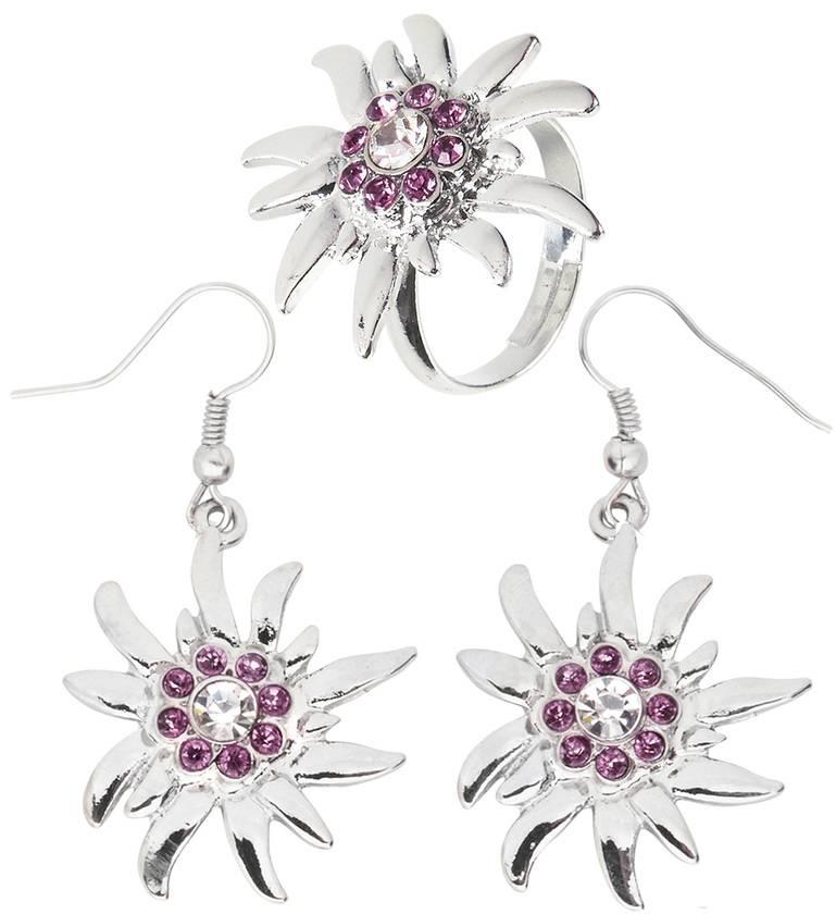 Oktoberfest Edelweiss ring and earrings set with pink strass gemstone by Widmann 3517 available here at Karnival Costumes online party shop