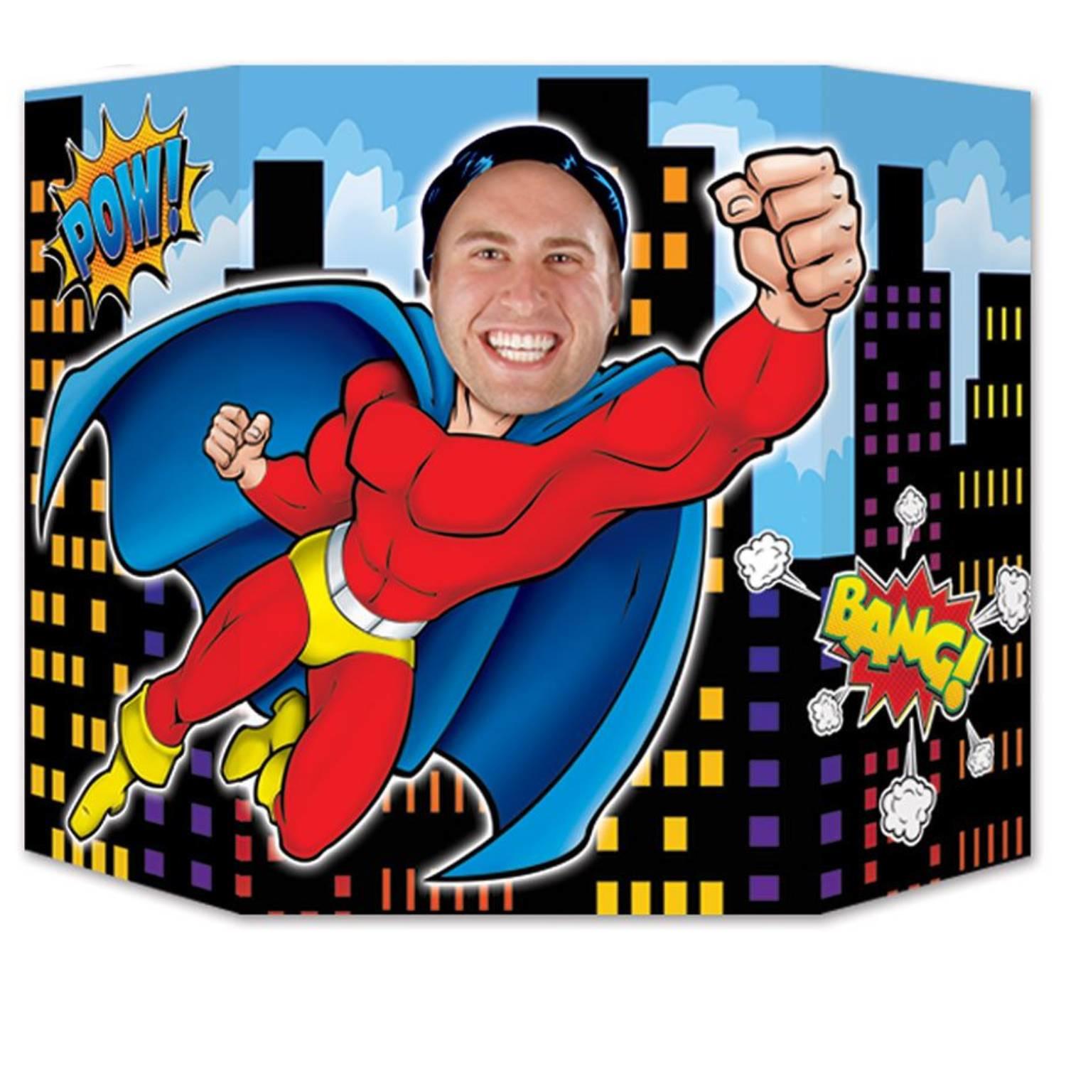 Male superhero image from our double sided Superhero Photo Prop for classic photobooth or selfies by Beistle 59886 available in the UK here at Karnival Costumes online party shop