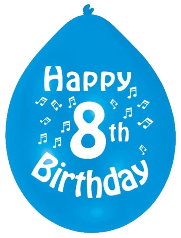 Happy 8th Birthday Balloons - Assorted Colours printed in white. From Amscan, these are in packs of 10 balloons in a 9" size and are brought to you by Karnival Costumes www.karnival-house.co.uk