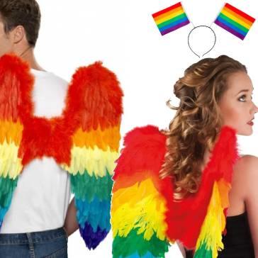 Rainbow Pride Wings and parrot coloured feathered wings for pride and other parties available here at Karnival Costumes online party shop