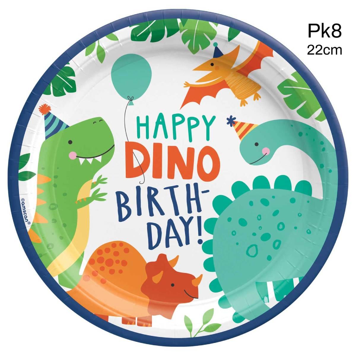 Pk823cm Dinner Plate sized Dyno-Mite Paper Party Plates with Happy Birthday Message by Amscan 9912584 available here at Karnival Costumes online party shop