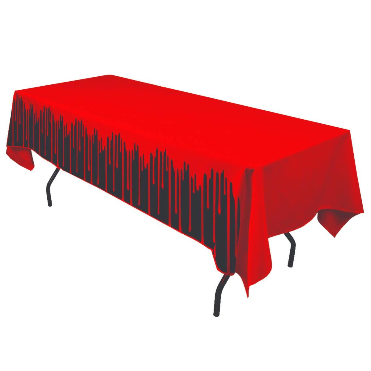Bloody Black Tablecloth measuring 54" x 108" and ideal for Halloween parties. By Forum Novelties 79040 available here at Karnival Costumes online Halloween shop