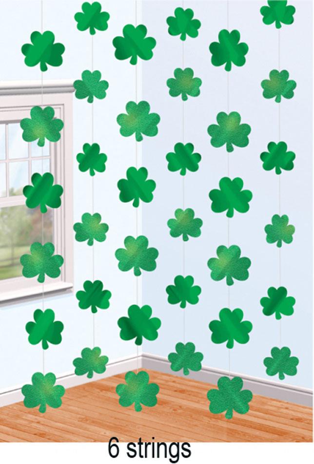 Pack of 6 decorative Shamrock Hanging Strings by Amscan 672051 and available from Karnival Costumes online party shop
