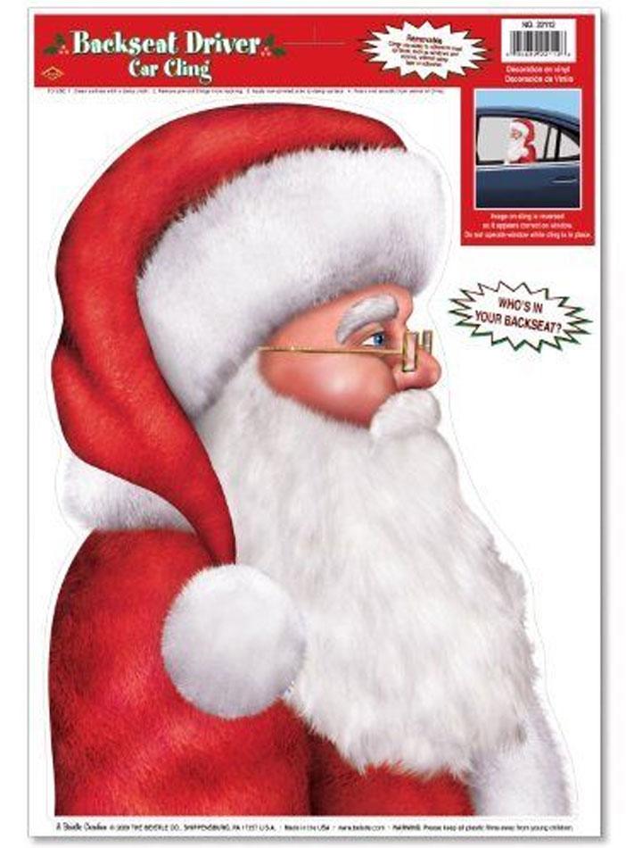 Santa Backseat Driver Car Cling Decoration by Beistle 22112. Cling uses Static to adhere to most surfaces. Available in the UK here at Karnival Costumes online Christmas Party Shop