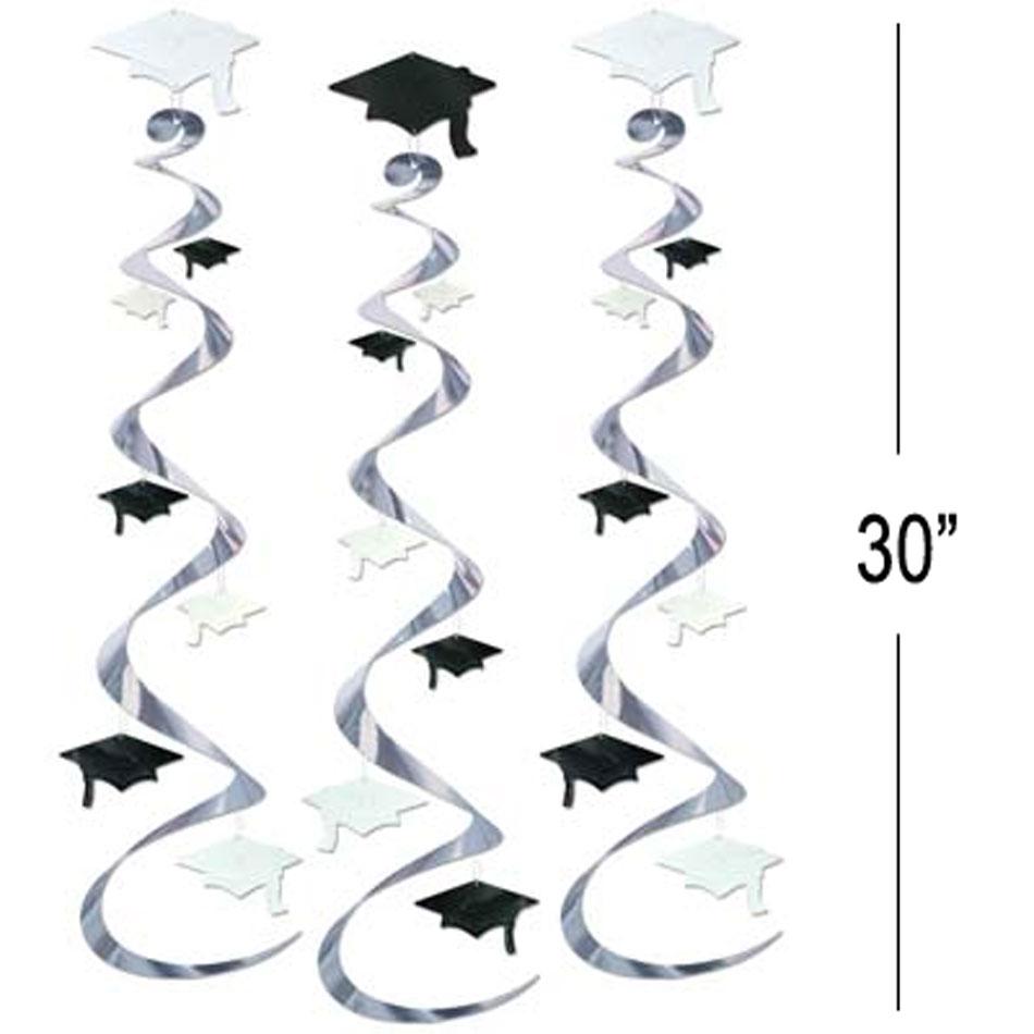 Graduation Cap Whirls Hanging Decorations 3pc set by Beistle 50067 BKW and available in the UK here at Karnival Costumes online party shop