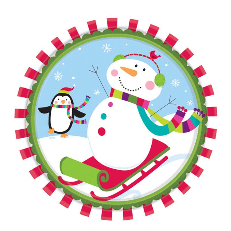 Pack 8 Joyful Snowman Paper Plates 10.5" by Amscan 591185 available here at Karnival Costumes online party shop