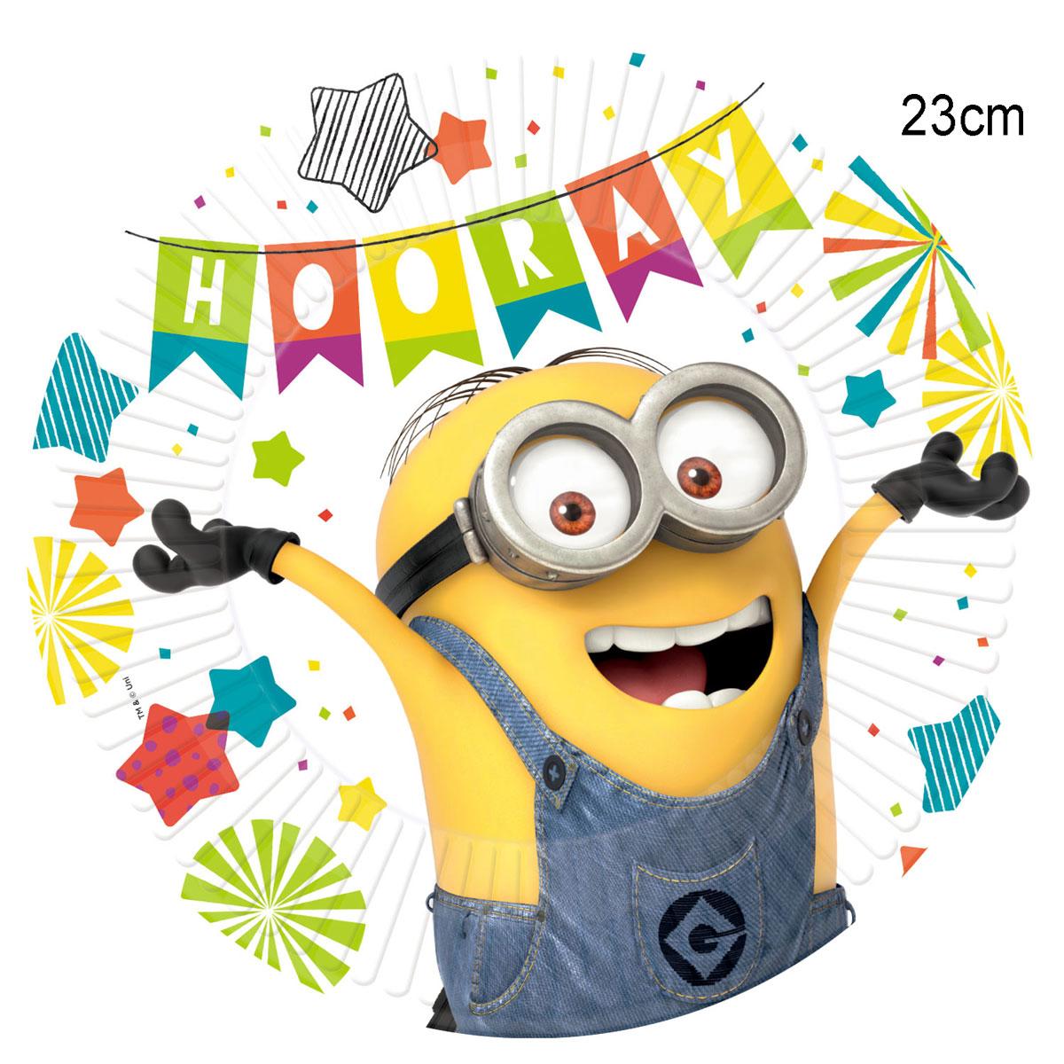 Pack of 8 23cm paper party plates from the Minions disposable tableware range. By Amscan 9907313 they are available here at Karnival Costumes online party shop.