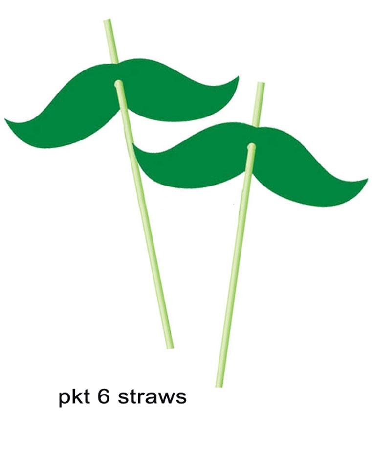 Pack of 6 individual St Patrick's Day Moustache Straws in green. Available in the UK from Karnival Costumes online party shop
