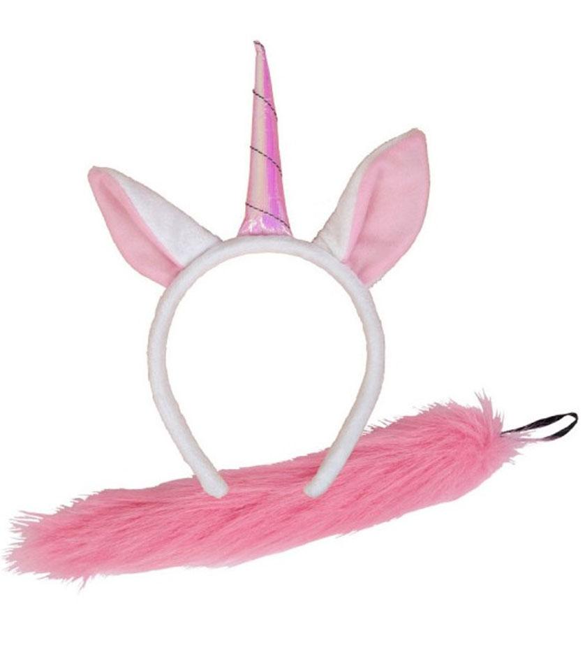 Pink and white Unicorn Set with ears, horn and tail by Bristol Novelties and available from Karnival Costumes