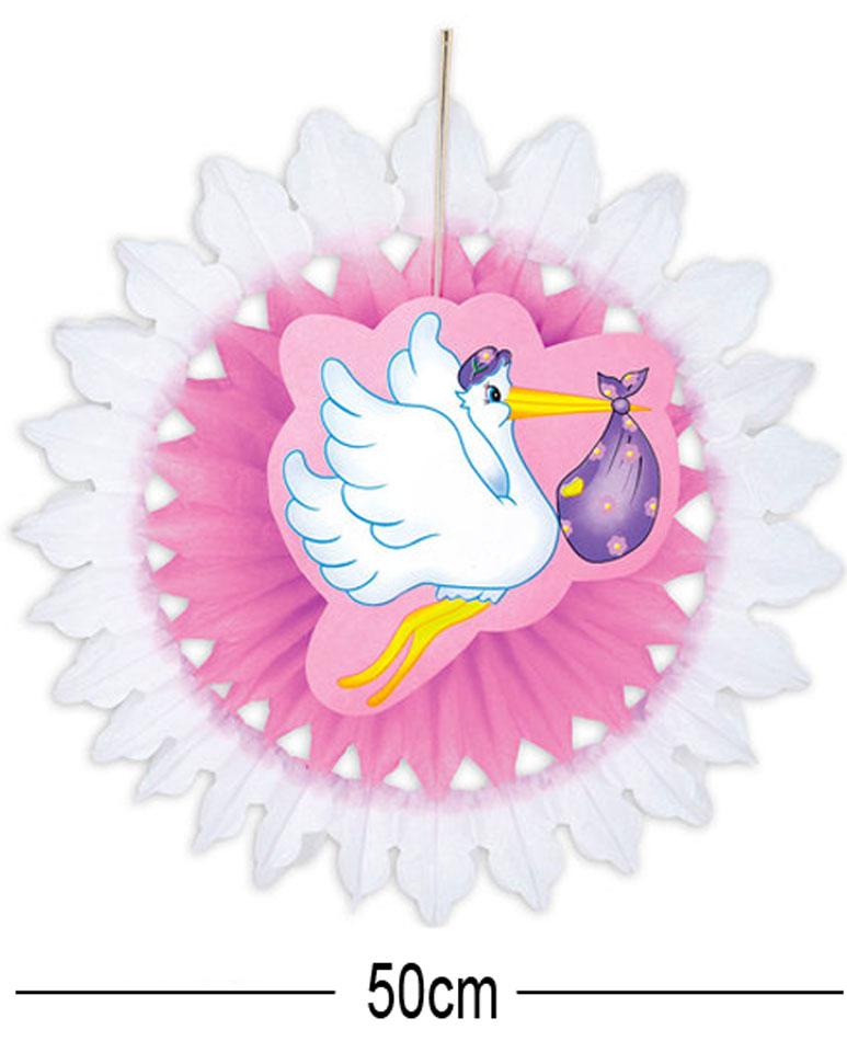 Stork with Baby Girl Paper Fan Hanging Decoration 50cm by Widmann 95787 available from a collection of baby shower items here at Karnival Costumes online party shop
