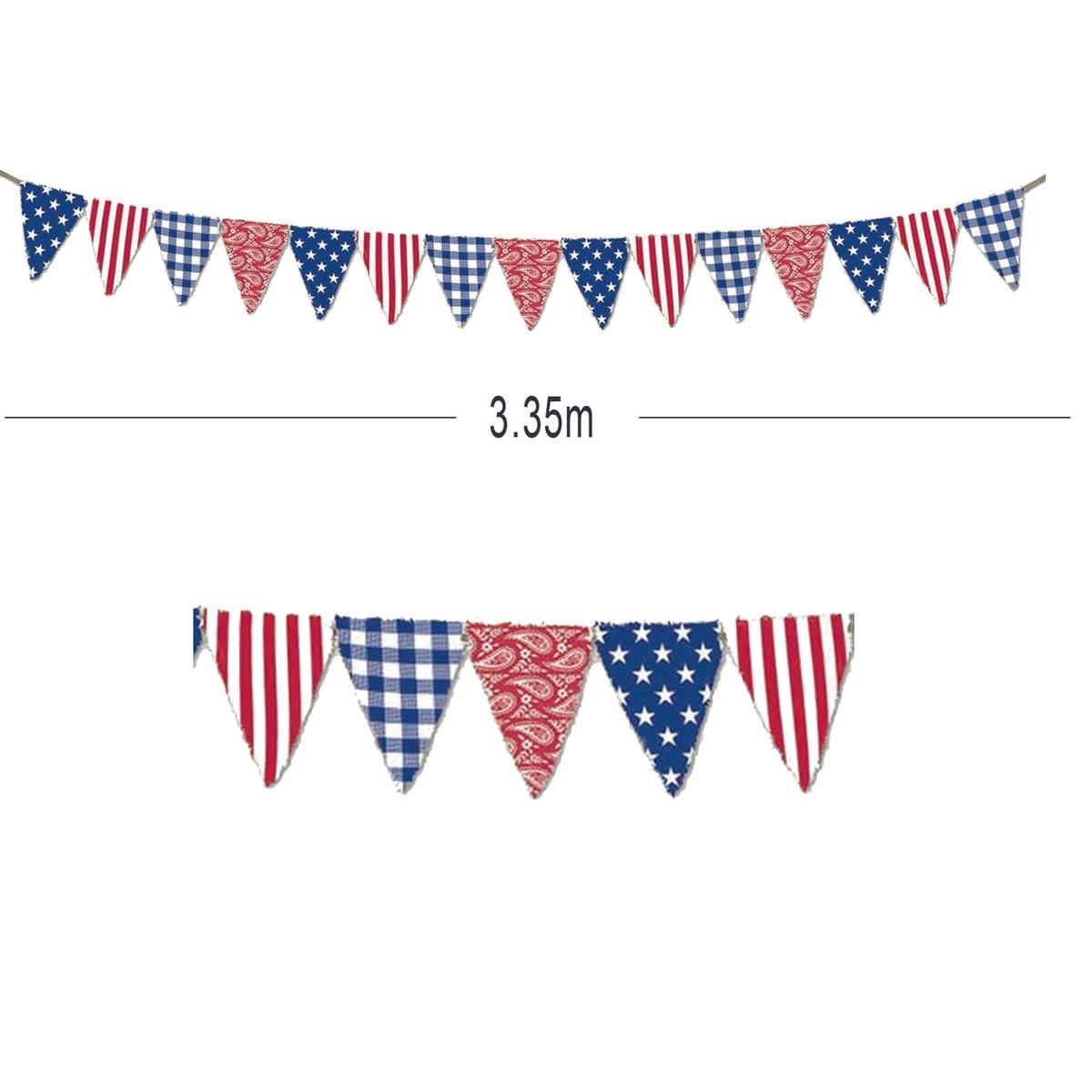 Shabby chic July 4th American Flag USA Fabric Pennant Bunting 3.35m by Amscan 210502 available here at Karnival Costumes online party shop