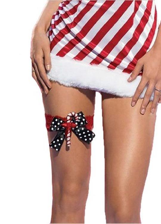 Red Lace Leg Garter with Bow and Candy Cane by Leg Avenue 31011 available in the UK here at Karnival Costumes online party shop
