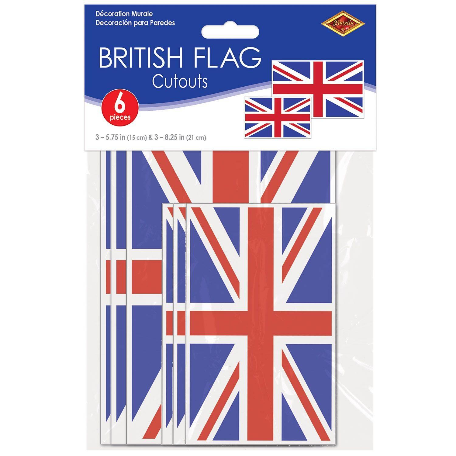 Union Jack Cutout Decorations Pk6 printed both sides in sizes; 5¾" & 8¼" by Beistle 53648 available here at Karnival Costumes online party shop