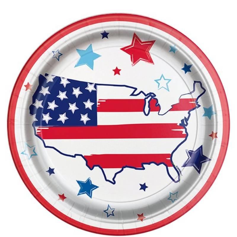 Bright Stars and Stripes Patriotic Paper Dinner Plates by Unique 70705 available here at Karnival Costumes online party shop