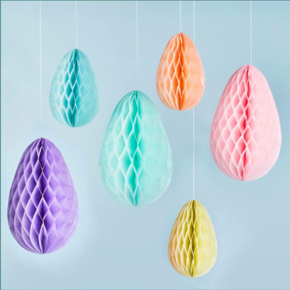 Pk6 Pastel Coloured Easter Egg Hanging Honeycomb Decorations by Club Green HBHE105 available here at Karnival Costumes online party shop