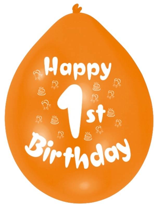 Happy 1st Birthday Balloons - Assorted Colours printed in white. From Amscan, these are in packs of 10 balloons in a 9" size and are brought to you by Karnival Costumes www.karnival-house.co.uk