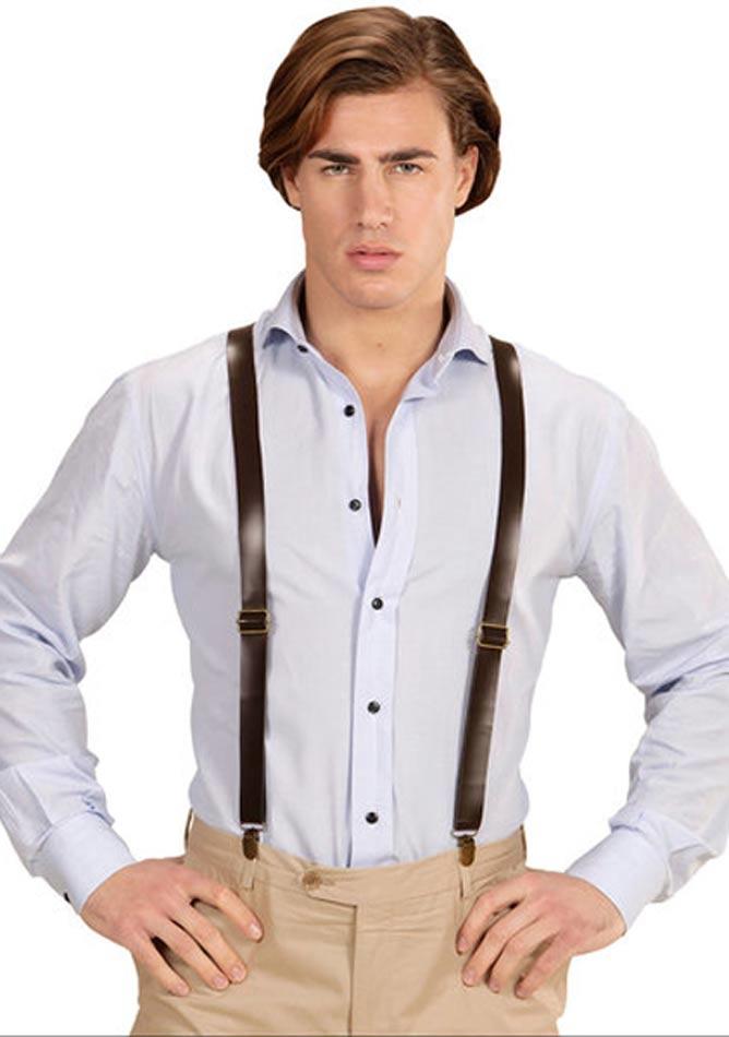 Faux Leather Dark Brown Look Braces by Widmann 95705 available here at Karnival Costumes online party shop