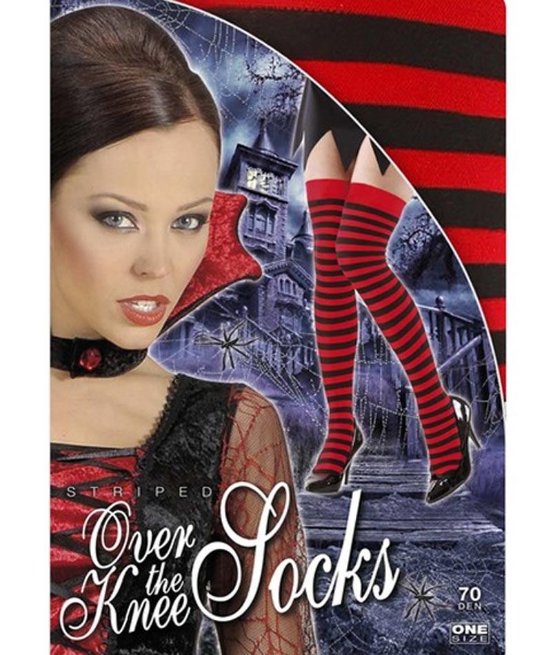 Pair of 70 Den Red and Black Stripe Over the Knee Socks by Widmann 1863R / 1864E available here at Karnival Costumes online party shop