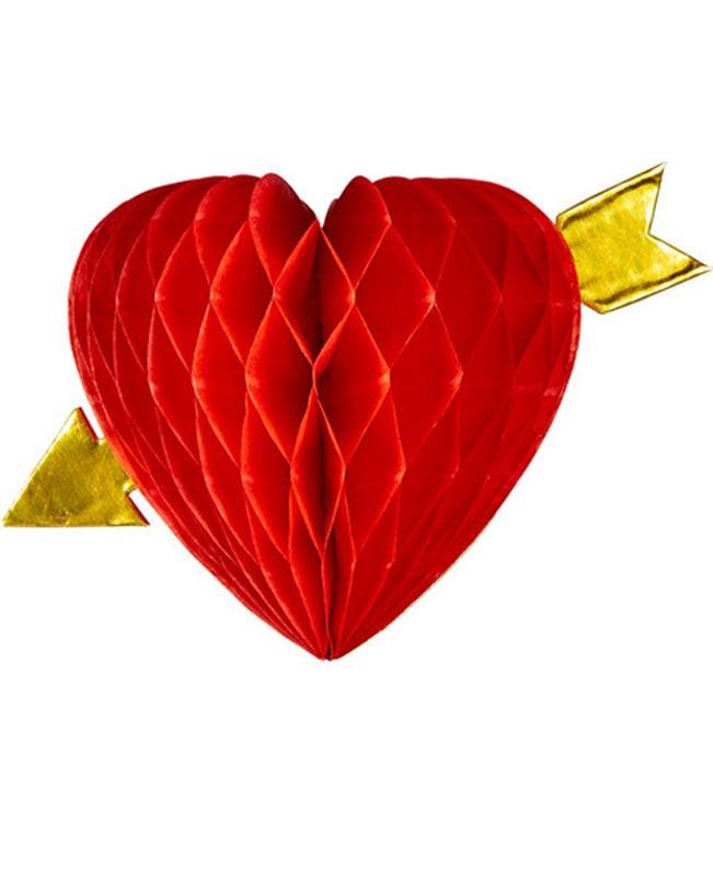13cm dia Hanging Red Honeycomb Heart with Arrow Decoration by Widmann 95763 available here at Karnival Costumes online party shop