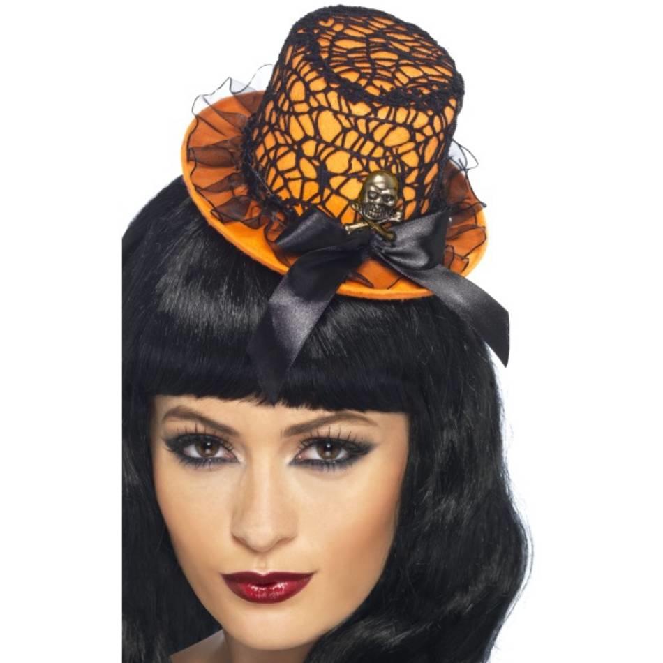 Delicate neon orange mini-top hat for women by Smiffys 21950 available here at Karnival Costumes online party shop