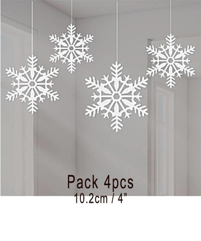 Pk4 White Glitter Hanging 10.2cm Snowflake by Amscan 191360 and available from Karnival Costumes online Christmas party shop