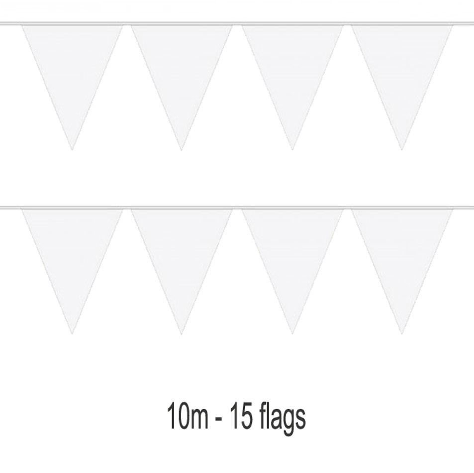 10m length of White Pennant Flag Bunting with 20 pennant flags each 30cm. By Amscan 9903782 it's available in the UK here at Karnival Costumes online party shop