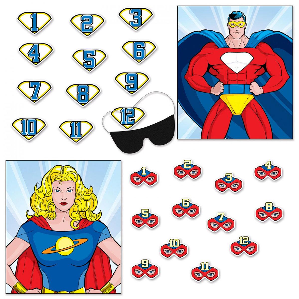 Hero Party Games 2 Games Pin the Eyemash and Logo by Beistle 60671 available in the UK here at Karnival Costumes online party shop