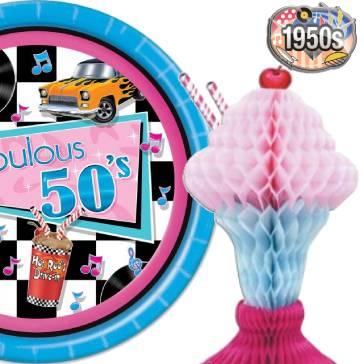 1950s Party Goods and Tableware. Good selection of Soda Parlour and Hamburger Joint decorations and disposable tableware available here at Karnival Costumes online party shop