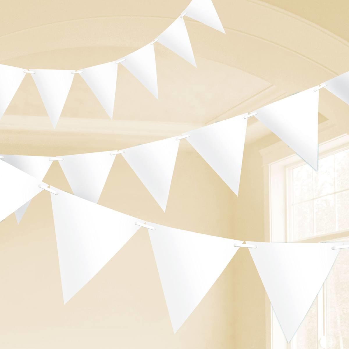Lifestyle shot of our White Pennant Flag Bunting 10m with 15 pennants each 30cm x 18cm. By Amscan 9903782 it's available in the UK here at Karnival Costumes online party shop