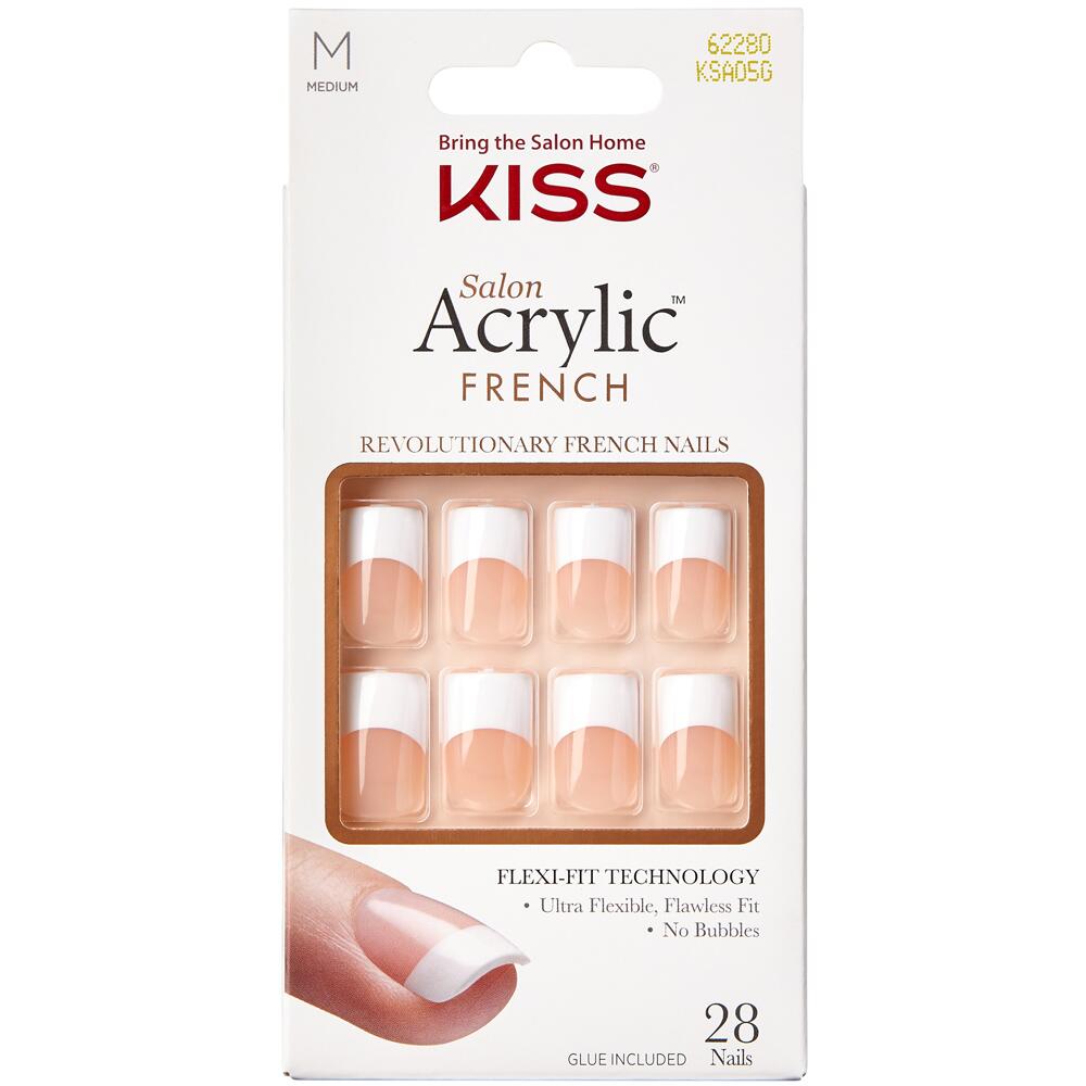 KISS Salon Acrylic French Artificial Nails Pack of 28 with Adhesive SIMPLE LIFE KSA05G