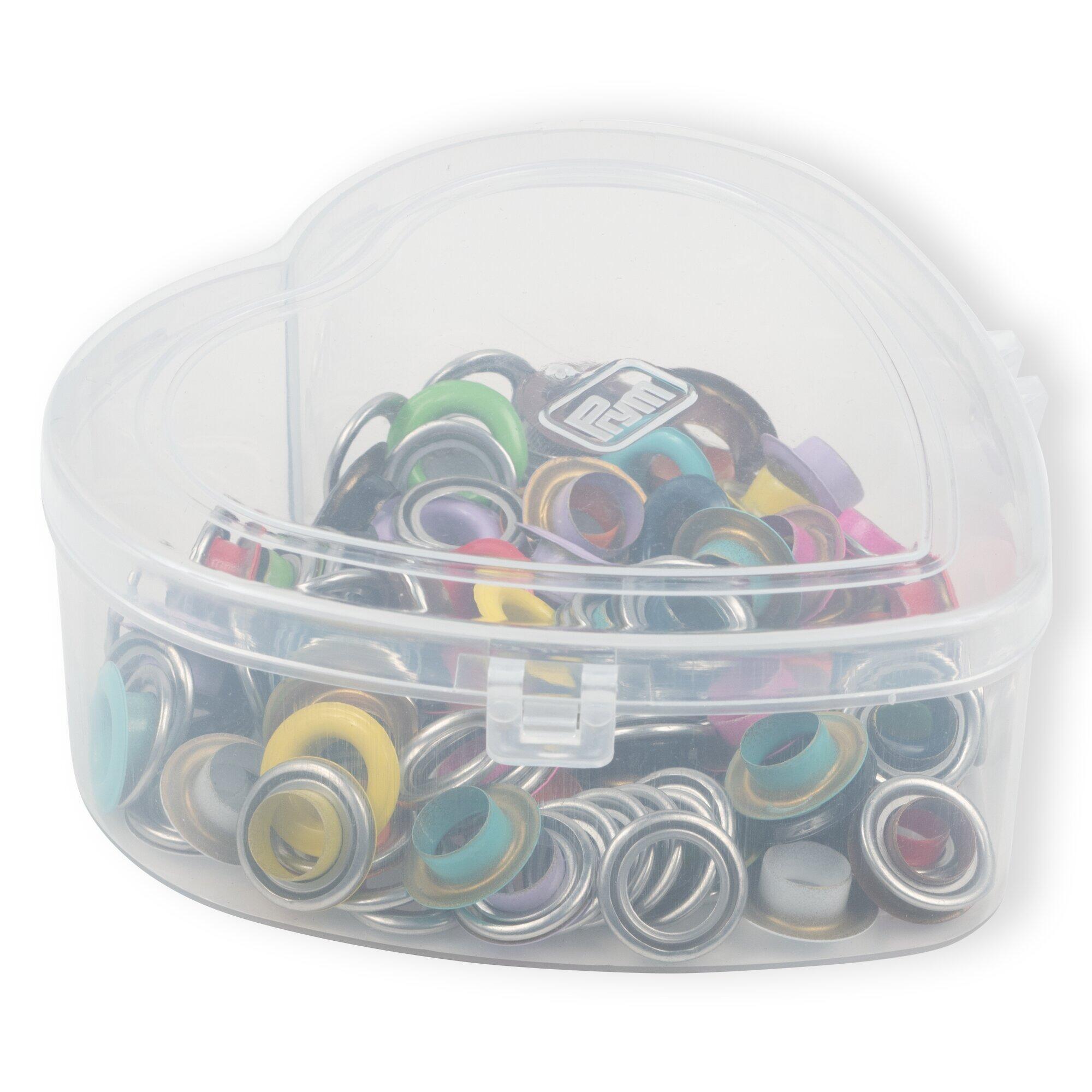 Prym Heart Box containing 66 8mm colourful eyelets and washers from the Prym non-sew range