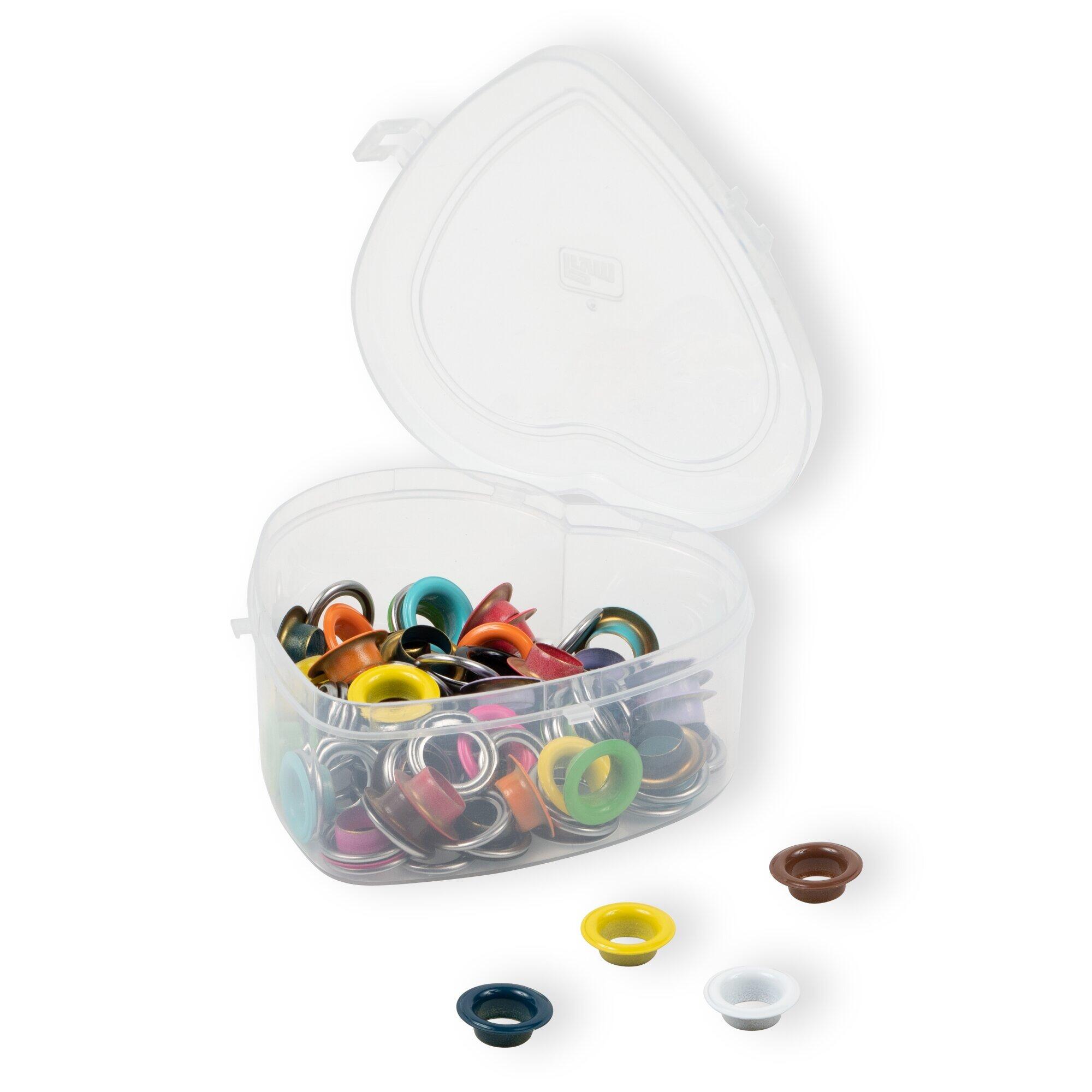 Prym Heart box containing 55 eyelets & washers in 11 colour options