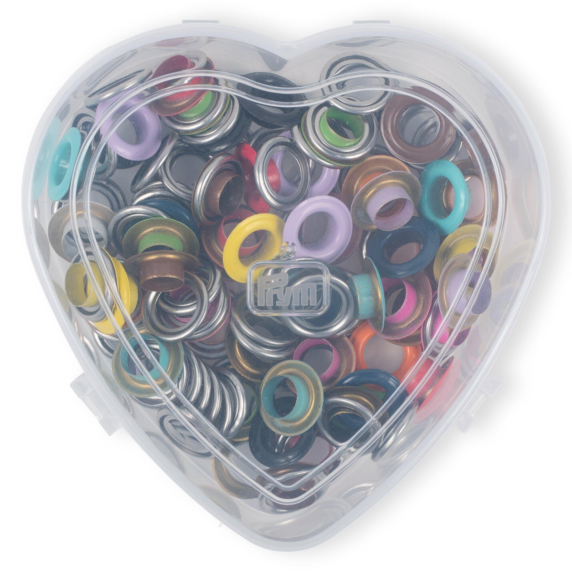 Prym Heart Box containing 66 8mm colourful eyelets and washers from the Prym non-sew range