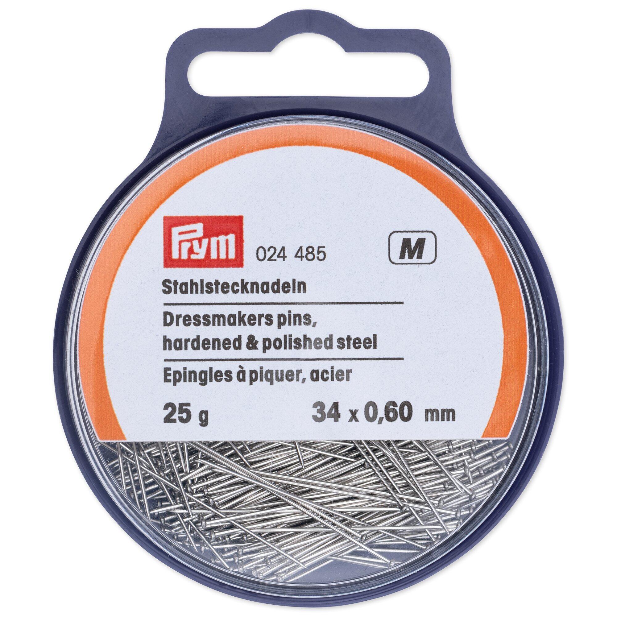 A circular plastic box containing 25g of 0.60mm x 34mm silver coloured dressmakers pins by Prym.
