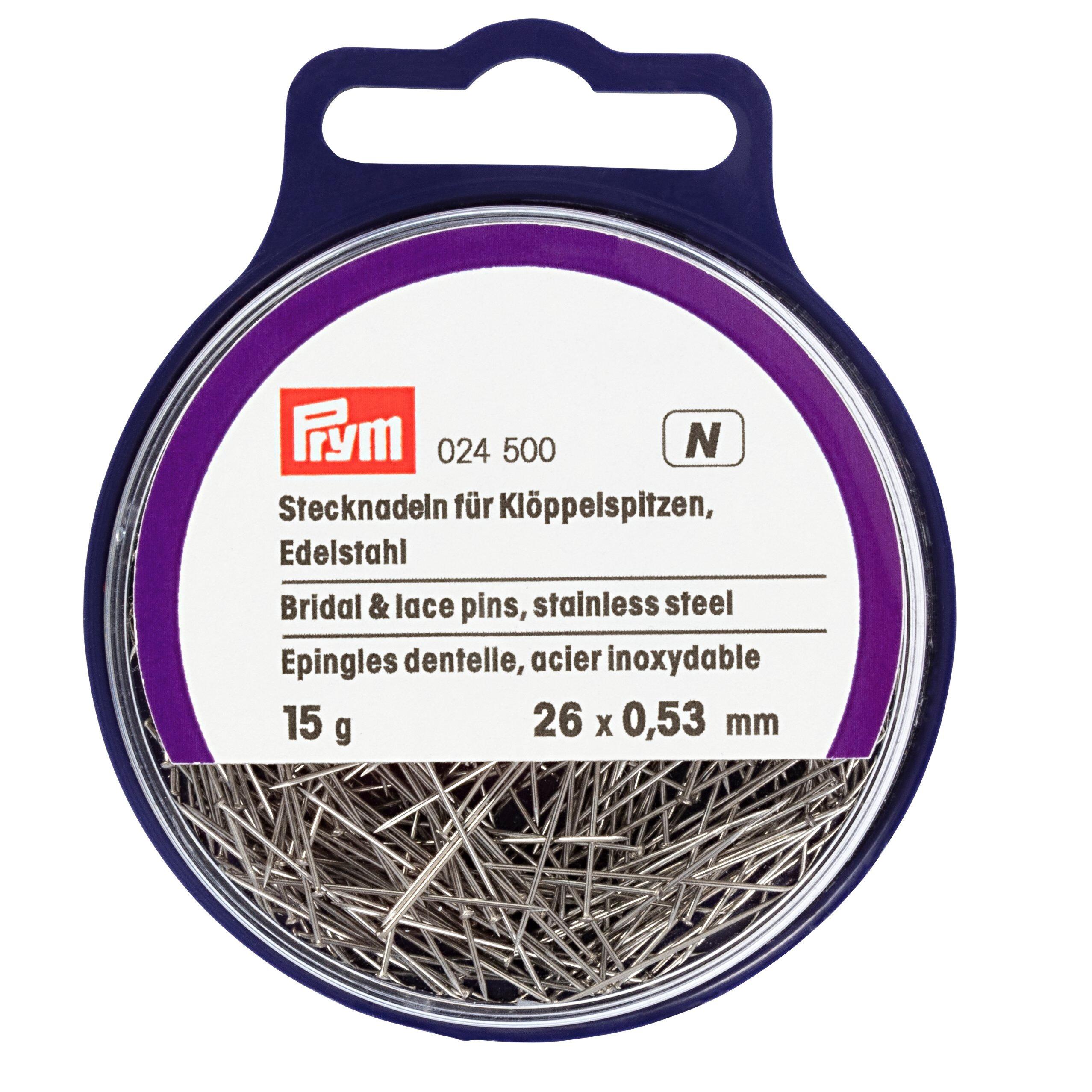 A circular plastic box containing 15g of 0.53mm x 26mm silver coloured Bridal & lace pins by Prym.