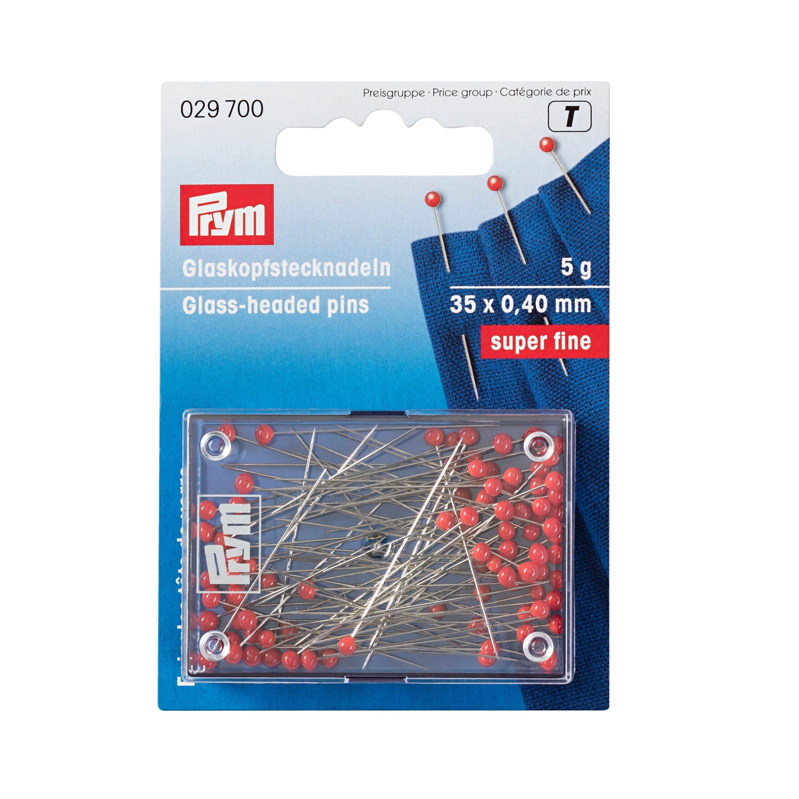 Prym super fine glass headed pins in box with card hanger behind