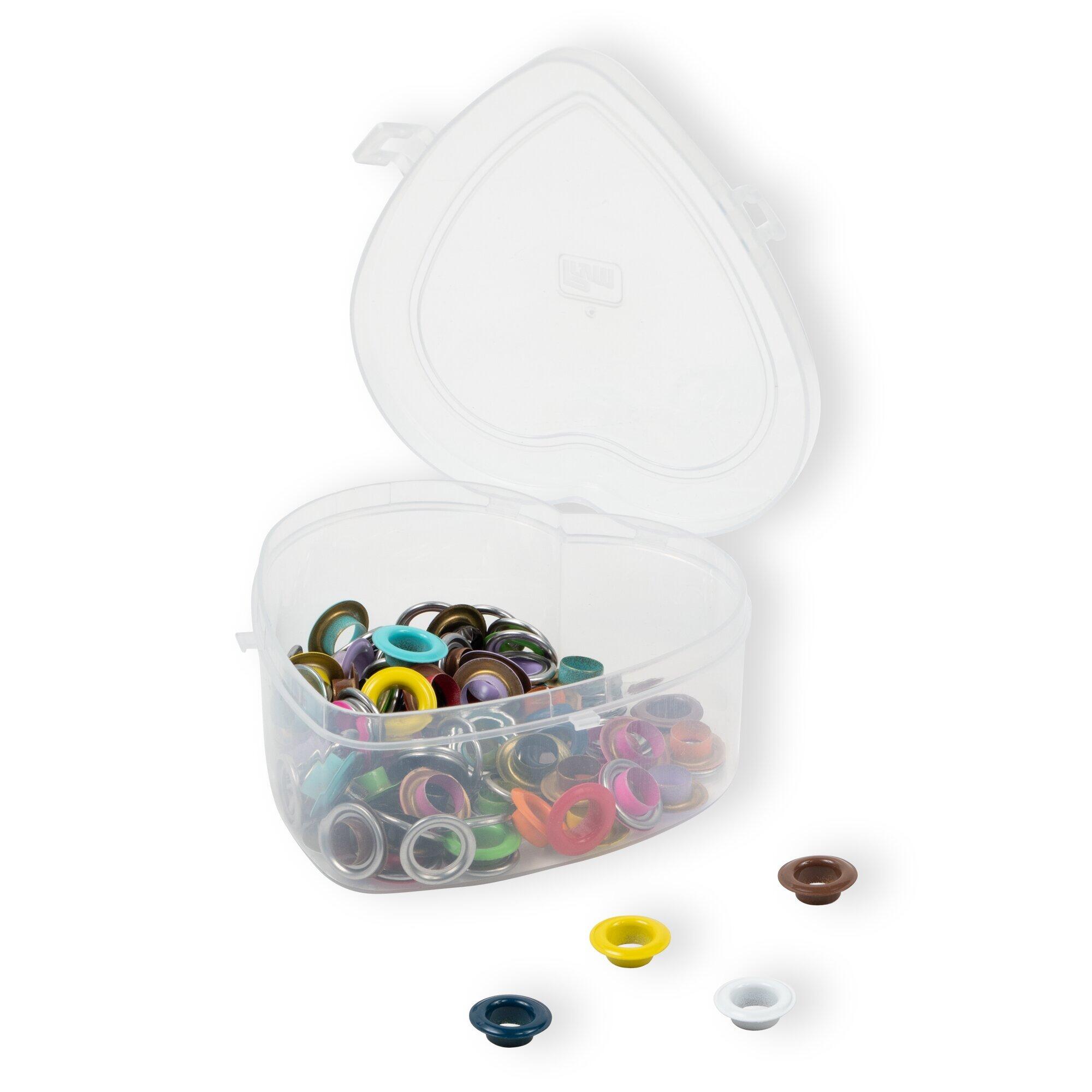 Prym Heart Box open showing the 8mm colourful eyelets and washers from the Prym non-sew range