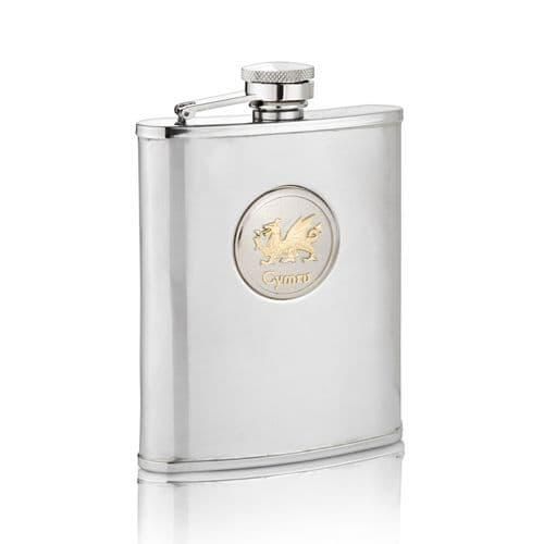 A Stainless Steel Hip Flasks With Cymru Welsh Dragon motif on the front