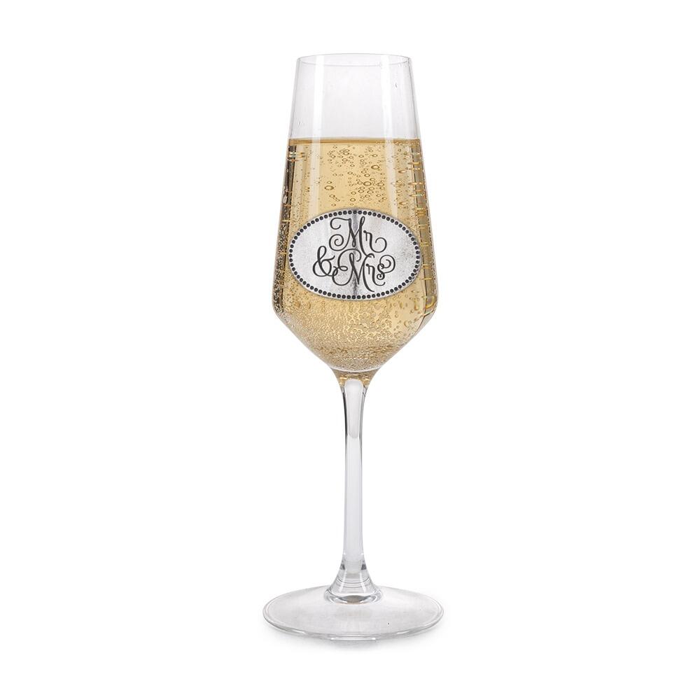A Champagne Flute with a Pewter Mr & Mrs badge on the front, filled with Champagne
